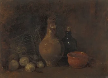 Stilleben med fire frugter, glas og keramik