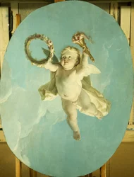 En Putti på flugt med en krans og en fakkel,