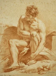 En siddende nøgen med stav, til venstre et relief med putti, 1738
