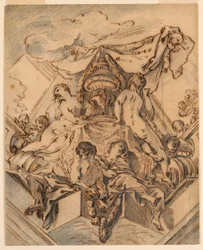 Tegning, projekt til et hjørnemotiv til et malet loft, 1740