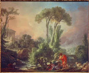 Flodlandskab med et gammelt tempel