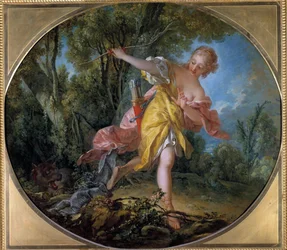 Sylvie flygter fra ulven hun jagtede Maleri af Francois Boucher (1703-1770) 1756. Dim. 1,20 x 1,36 m Rundture, Musee des Beaux Arts