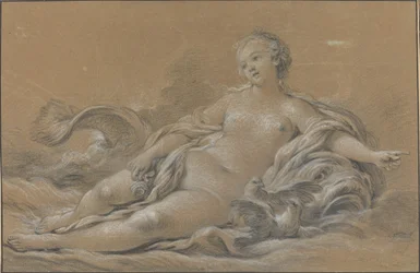 Venus læner sig tilbage på en delfin