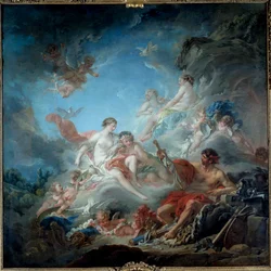 Vulcan eller Vulcan jernværker præsenterer Venus våben til Enee. Maleri af Francois Boucher