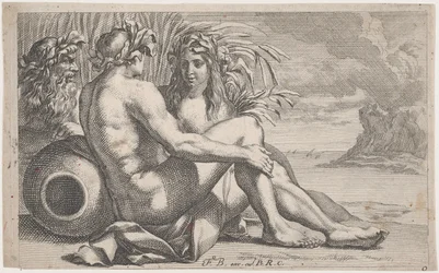 Flodguder tilbagelænet foran et havlandskab, 1651-82.