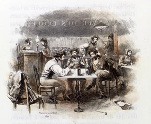 Diskussion mellem elever i en parisisk café. Illustration af "" Profile of grisette""" ny tilhørende Receuil "" Mimi de Pinson"" af Alfred de Musset