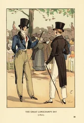 Moderigtige herrer i høj hat og kjole med spadserestokke. På en stor væddeløbsdag på Longchamp-væddeløbsbanen. Mængder af moderigtige mennesker og vogne. Den store dag på Longchamp