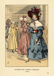 Moderigtige kvinder ved et skuespil, Paris. Kvinde i stor motorhjelm med bånd, kjole med høj krave, blondekappe eller pelerine og hele ærmer en baret. Ind i Comedie Francaise