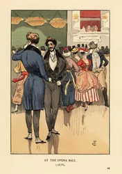 Sprætter i kjole med skøder, vest, stramme bukser og hvide strømper. Bag dem personer i udklædning og masker. Ved Operaballet 1835. Håndkoloreret litografi af R. V. efter en illustration af François Courboin fra Octave Uzannes Fashion in Paris, Will