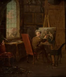Selvportræt af kunstneren i sit atelier, hvor han holder en mahl-stick