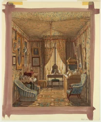Tegning, Interiør af et omklædningsrum med spændeloft, 1848