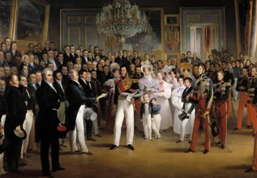 Revolution af 1830: "" Deputeretkammeret præsenterer for hertugen af Orleans, Louis Philippe I (1773-1850), handlingen, der kalder ham til tronen og charteret af 1830, på det kongelige palads, den 7/08/ 1830"" Detalje. Maleri af Francois Joseph Heim (1787-
