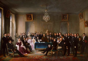 François-Guillaume Andrieux læser sin tragedie Junius Brutusin i foyeren..., 26. maj 1828, ca. 1847.