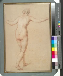 Stående kvinde nøgen set bagfra, ca. 1722 (rød, sort og hvid kridt på papir)