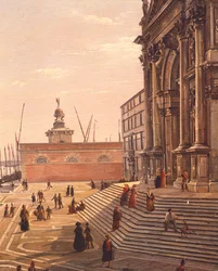 Trin, der fører op til Basilica of St Mary of Health (Basilica di Santa Maria della Salute) i Venedig, af Frans Vervloet (1795-1872), Italien