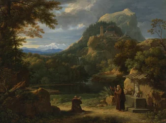 Sankt Antonius af Padua introducerer to novicer til brødre i et bjerglandskab