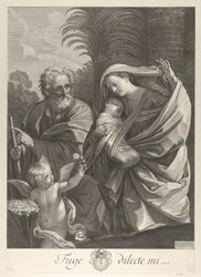 Flugten til Egypten, den hellige familie går sammen, Saint Joseph peger på t..., ca. 1648-81.