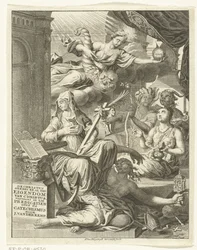 Allegori med kvindelige personifikationer af blandt andet sandheden og dyder og laster Titelside for: Johannes van der Kemp, Kristen helt ejet af Kristus i liv og død, viser i treoghalvtreds prædikener om det hellige
