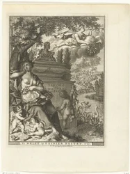 Muse og putti sidder ved digteren Arnold Moonens grav Titelside for: Arnold Moonen, Continued der poëzye, Delft 1720 Fortsættelse af A. Moonens Poezy (titel på objekt)