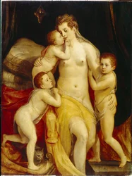 Allegori om næstekærlighed. Tre børn med medfølende udtryk nærmer sig ømt deres mor med trist ansigt for at trøste hende. Maleri af Frans Floris lysken (1519-1570), olie på træ. hollandsk kunst