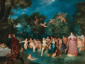 Diana og hendes nymfer bader, med en hjortejagt i baggrunden, ca 1606.