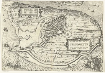 Kort van het eiland Voorne en plattegrond van Brielle, 1572 Brillium, Holland op. på grund af den indbyrdes hollandske krig, som i året for Frelsens sejr 72 e.Kr. i aprilvarmen begyndte han her, berømt (titel på objektet)