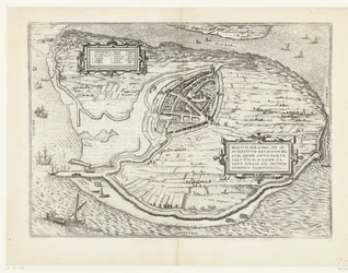 Kort van het eiland Voorne en plattegrond van Brielle, 1572 Brillium, Holland op. på grund af den indbyrdes hollandske krig, som i året for Frelsens sejr 72 e.Kr. i aprilvarmen begyndte han her, berømt (titel på objektet)