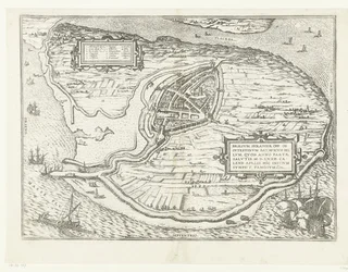 Kort van het eiland Voorne en plattegrond van Brielle, 1572 Brillium, Holland op. på grund af den indbyrdes hollandske krig, som i året for Frelsens sejr 72 e.Kr. i aprilvarmen begyndte han her, berømt (titel på objektet)