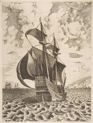 Bevæbnet firemester sejler mod en havn fra sejlfartøjerne, 1561-65.