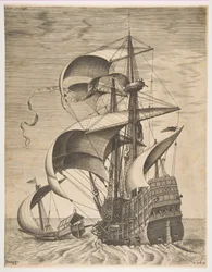Bevæbnet tremester på åbent hav ledsaget af en kabys, fra serien Sailing Ves..., 1561-65.