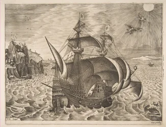 Bevæbnet tremester med Daedalus og Icarus i himlen fra The Sailing Vessels, 1561-65.