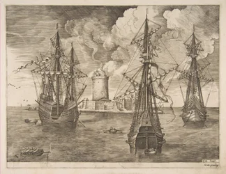 Firemester til venstre og to tremester forankret nær en befæstet ø med et lys..., 1561-65.