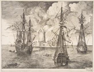 Fire-mester og to tre-master forankret nær en befæstet ø fra The Sailing Ves..., 1561-65.