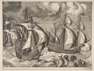 Tre karaveller i en stigende byge med Arion på en delfin fra The Sailing Vessels, 1561-65.