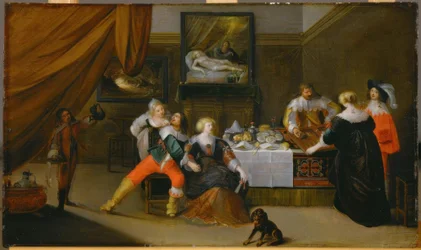 Samfundsscene med et billede af Danae i baggrunden