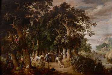 En lysning i et tæt skovklædt landskab med mange dyr og Orpheus angrebet af de thrakiske kvinder (olie på panel)