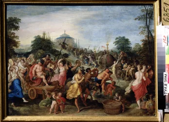 ""The procession of Bacchus"" repræsentation af en bacchanal, satyrer og bacchanter danser, spiller. Maleri af Franz (Frans) Francken II den Yngre (1581-1642) (ec.flam.) Statens kunstmuseum fra det 17. århundrede, Tula, Rusland