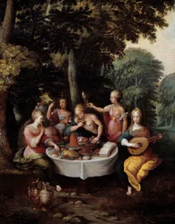 De fem sanser unge kvinder i et landskab med banket (smag), musik (hør), spejl (udsigt), buket blomster (lugt) og kærtegn (berøring). Detalje. Maleri af Franz (Frans) Francken II le Jeune (1581-1642)