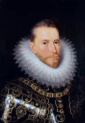 ""Portræt af Albert af Østrig (1559-1621)" (Portræt af Albert VII, ærkehertug af Østrig (1559-1621)) Maleri af Frans Pourbus den yngre (1569-1622) - Olie på træ - Dim 60x42 cm Groeningemuseum, Brügge