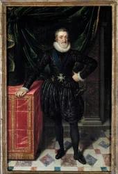 Portræt i foden af Henrik IV (1553-1610) Kongen bærer Helligåndsordenens insignier (Helligåndsordenen). Maleri af Frans Pourbus Le Jeune (Francois (Franz) Porbus