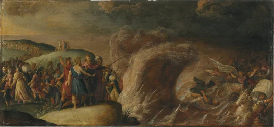 Les Israelites traversent la Mer Rouge - Israeliternes krydsning af Det Røde Hav, af Francken (II), Frans, School of . Olie på kobber. Mål: 27,5x58,5 cm. Nationalmuseum Stockholm