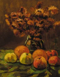 Æbler, appelsiner og en vase med blomster på et bord (olie på panel)