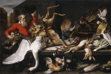 Stilleben med dødt vildt, frugter og grøntsager på et marked, 1614