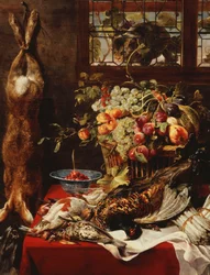 Et spisekammer stilleben med frugt, vildt og en kat ved et vindue,
