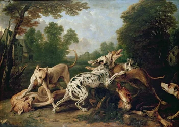 Hunde, der kæmper i en skovklædt lysning