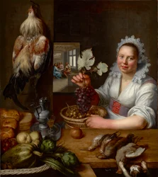 Scene de cuisine avec scene du Christ a Emmaus - Køkkenscene med Kristus i Emmaus, af Snyders (Snijders), Frans (1579-1657). Olie på lærred, mellem 1615 og 1620. Mål: 114,5x102 cm. Muzeul National Brukenthal, Sibiu