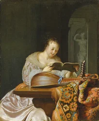 Et interiør med en kvinde, der læser musik ved et delvist draperet bord med en dobbelthovedet lut, 1671