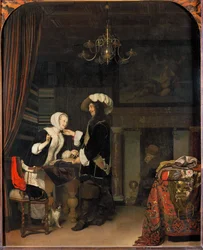 Cavalier i en tøjbutik (maleri på egetræ)