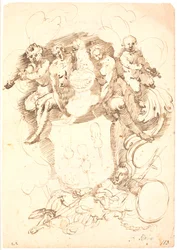 Heraldisk komposition: våbenskjold med tre opvendte violiner, hundekronet hjelm, omgivet af to figurer og to violinspillende putti, det hele hvilende på liggende mandsfigur (Neptun?)