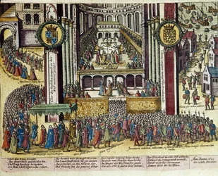 Kroningen af kong Jakob I af England (1566-1625) i Westminster Cathedral den 25/07/1603. 1653. Tryk af Franz Hogenberg (1535-1590). Kobberstiksamlingen, B.N., Paris.